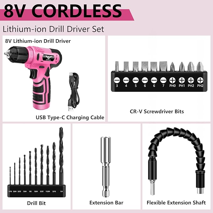 8V Cordless Drill, Electric Screwdriver for Women, Pink Drill Set with 3/8"Keyless Chuck, Built-in LED, Type-C Charge Cable, Variable Speed Trigger