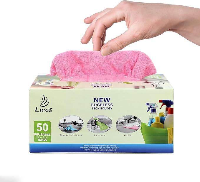 LIVOS 50 Pack Microfiber Cleaning Cloth in Box, Reusable Cleaning Rags, 11.5"x11.5", Edgeless Microfiber Wipes, Lint Free, Absorbent Shop Towels for Kitchen, Car, Glass (Pink)
