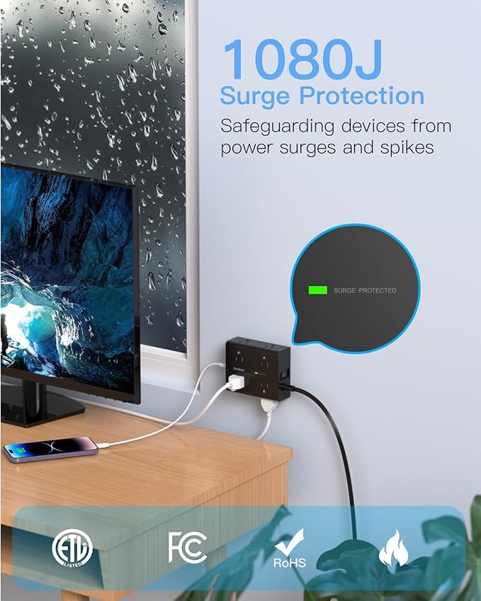 10Ft Extension Cord with Multiple Outlets, Flat Plug Power Strip Surge Protector 10 Ft Long Cord, 8 Outlet 4 USB Ports (2 USB C), Multi Outlet Wall Plug for Office, College, Dorm Room Essentials