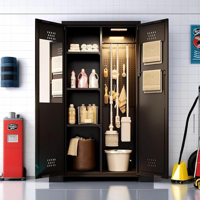 YITAHOME 71" Metal Garage Broom Cabinets with Adjustable Shelves, Vacuum Storage Cabinet with Doors and Drawer, Tool Storage Cabinet for Gym, Basement, Warehouse, Black, Metal