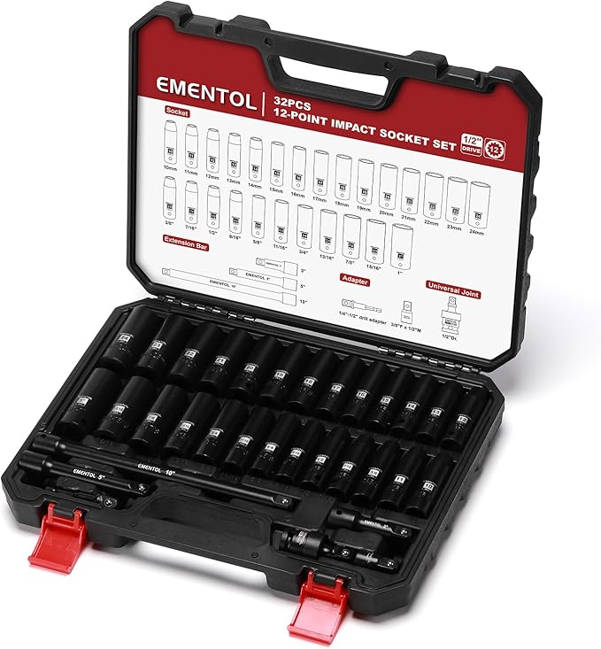 EMENTOL 32PCS 1/2" Drive Socket Set, Deep Impact Sockets, SAE(3/8"-1") and Metric(10-24mm), Including Extension Bars, Universal Joint, Drill&Socket Adapter, 12 Point Design, Cr-V Steel
