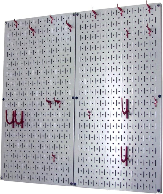 Wall Control Kitchen Pegboard Organizer Pots and Pans Storage Rack Organization Kit with Grey Pegboard and Red Accessories