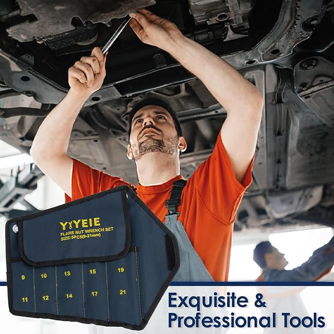 Flare Nut Wrench Set, Metric 5-Piece, Brake Line Wrench Set 9, 10, 11, 12, 13, 14, 15, 17, 19, 21 mm, CR-V Steel, with Roll-up Pouch