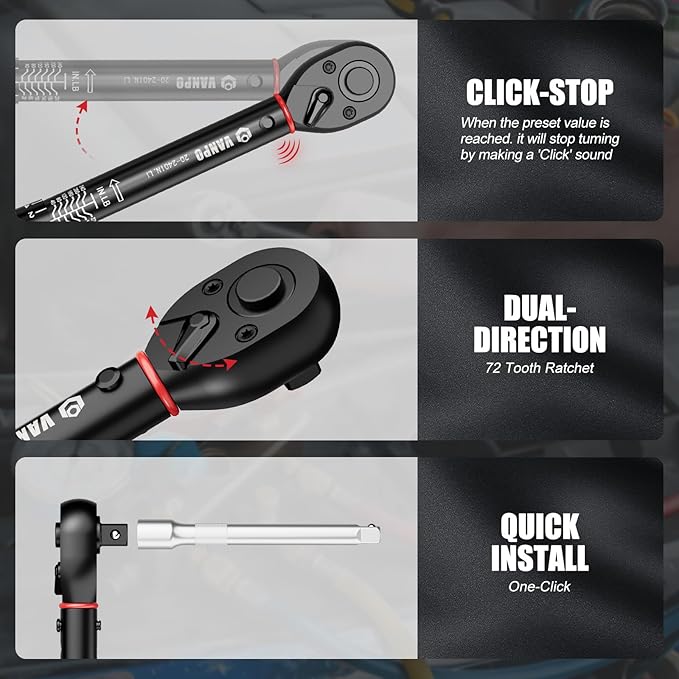 VANPO Torque Wrench Set 1/4" 3/8" 1/2" Drive 20-240 In.lb, 5-45 Ft.lb, 10-170 Ft.lb with 3 Adapters,±3% Accuracy,72-Tooth,Dual Scale,Storage Case,Click Style for Bike, Motorcycle, Car, Truck Repair