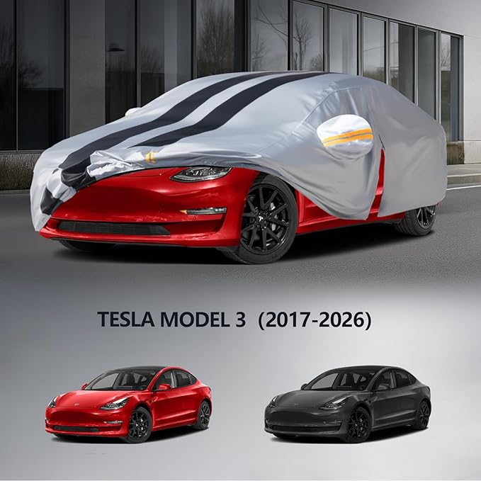 Multi-Layer Car Cover Custom Fit for Tesla Model 3(2017-2026), 100% Waterproof All Weather for Automobiles, Gift with Towel, Heavy Duty Car Covers for Rain Sun UV Protection with Door Zipper