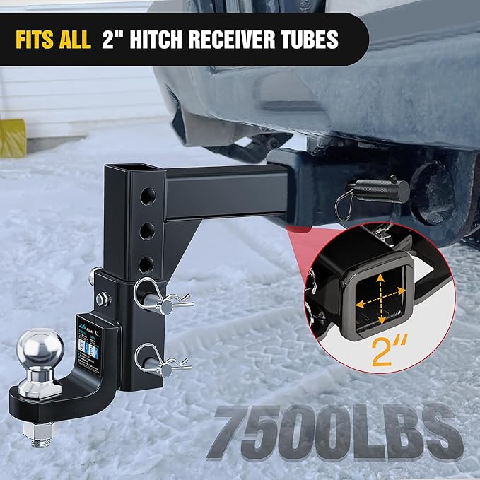Nilight 8-Position Adjustable Trailer Hitch Ball Mount with 2 inch Ball Fits 2 Inch Receiver with 5/8" Pin Lock 7500 lbs, 9-1/2" Drop, 8-1/4" Rise Hitch for Trailers Boats Pickups RV