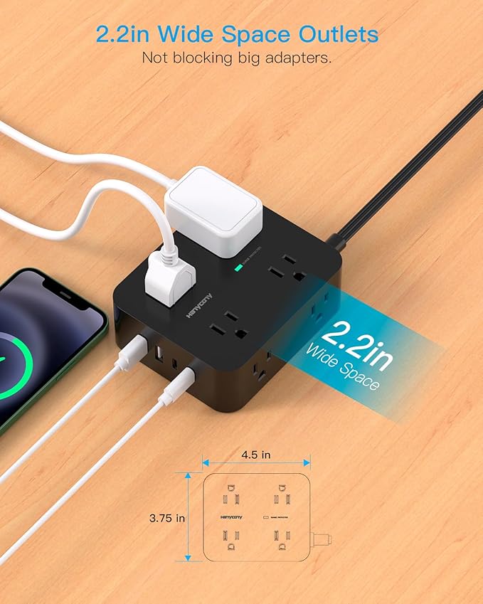 10 Ft Power Strip Long Cord, HANYCONY Extension Cord Surge Protector with Flat Plug, 8 Outlets 4 USB Charging Station(2 USB C), Wall Multiple Plug Outlet Extender for Home Office Desk