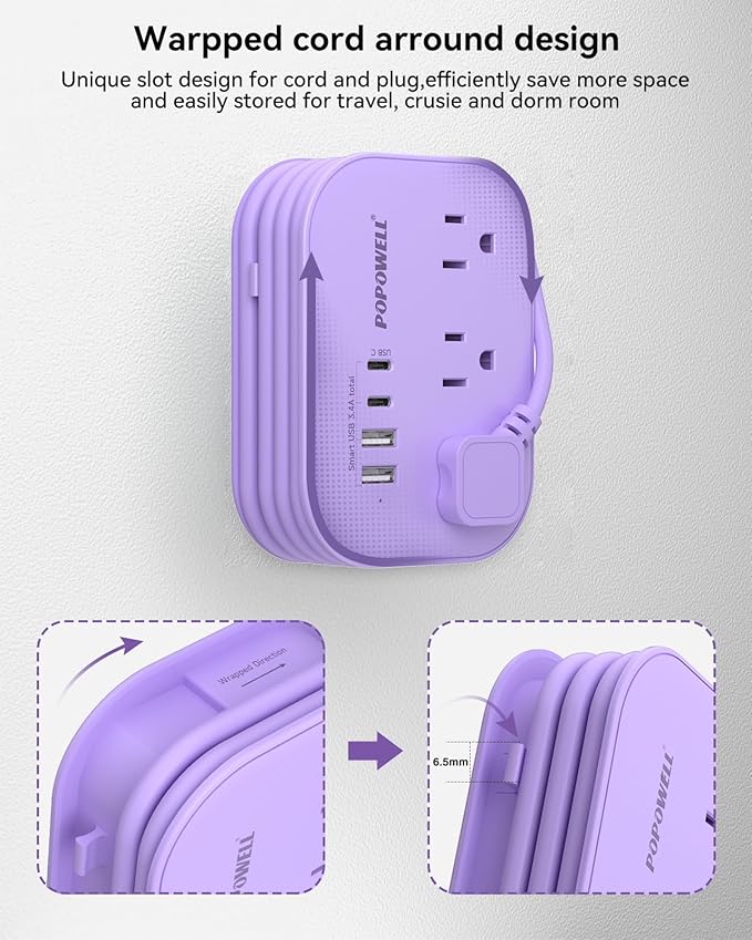 Purple Extension Cord-, 5 FT Kawaii Travel Power Strip, 1250W Cute Extension Cord with 3 AC Outlet 4 USB Desktop Charging Station, Purple Desk Accessories for Cruise Essentials, Travel, Home, Dorm.