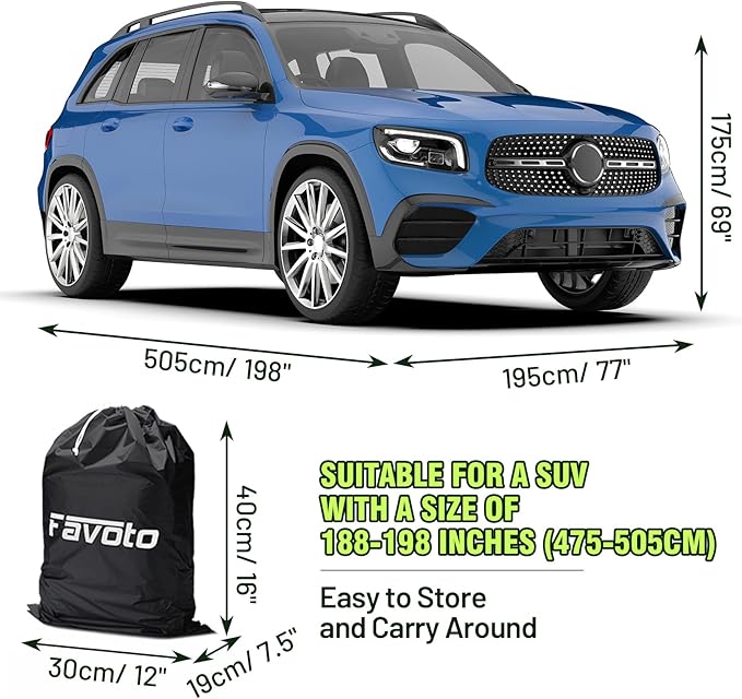 Favoto Car Cover Waterproof All Weather for Automobiles, 6 Layers Heavy Duty Outdoor Sun Protection Snowproof Car Tarp, 4 Windproof Straps, Universal Accessories Fit for SUV Length up to 198"