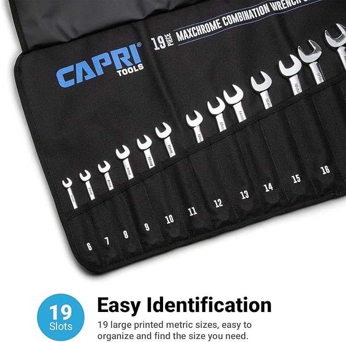 Capri Tools MaxChrome Combination Wrench Set, 6 to 24 mm, 19-Piece with Heavy-Duty Canvas Pouch
