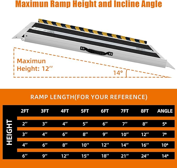 4FT Long Wheelchair Ramp for High Steps & Van Loading - Extra Stable Aluminum Ramp, Creates Gentler Slope for 4 to 12 Inch Height, 800 lbs Capacity