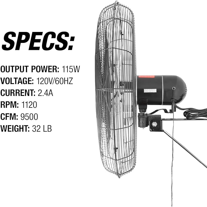 OEMTOOLS OEM24884 30" Indoor Oscillating Wall Fan, 9500 CFM Max. Garage 90 Degree Mounted Fan with 6 Ft. UL Listed Cord, Not for Outdoor Use