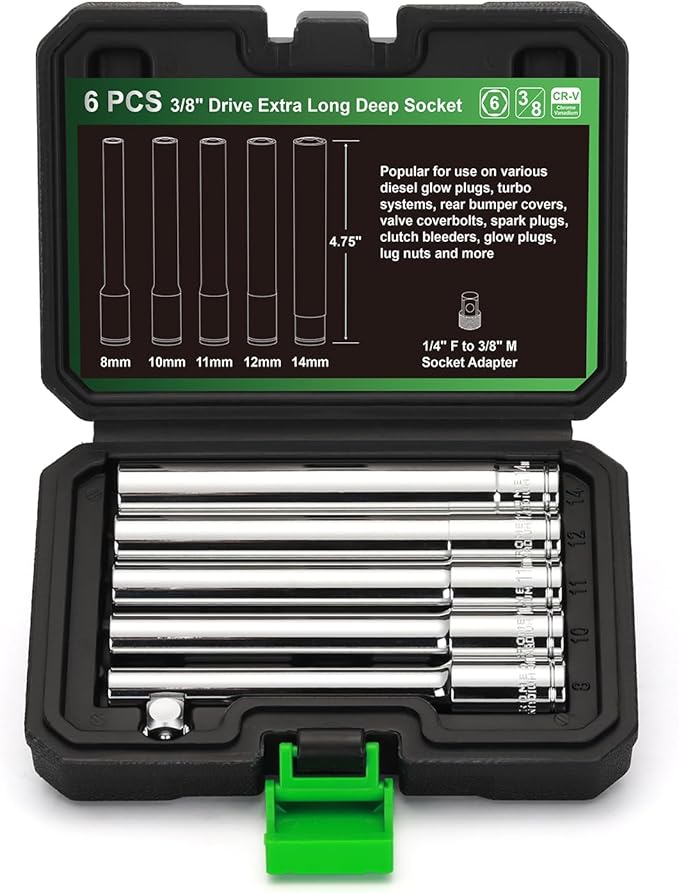 6PCS 3/8-Inch Drive Extra Deep Metric Socket Set, 6 Point, 8mm, 10mm, 11mm, 12mm, 14mm, 1/4" F to 3/8" M Socket Adapter, 120MM Deep CR-V Socket for Automotive and Industrial Applications