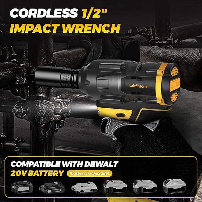 Labfintom Cordless Impact Wrench for De-Walt 20V Battery, 1/2" High Torque Impact Gun, 900Ft-lbs(1200N.m) Brushless Power Impact Driver with 4-Mode Speed, LED Work Light (Battery NOT included)