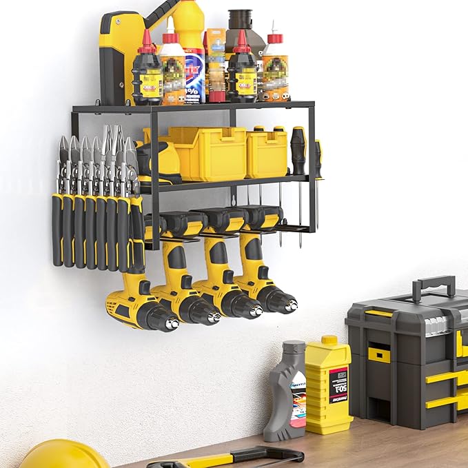 Spacecare Power Tool Organizer- Power Drill Tool Holder- Heavy Duty Tool Shelf & 1 Pack 3 Layers Tool Rack Cordless Drill Holder- Floating Tool Shelf Wall Mounted Tool Storage Rack for 4 Drill Holders
