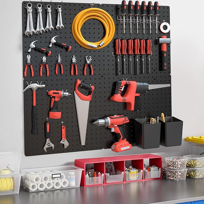 FZK PegBoard, 4 Pack Peg Board 12 * 12inch, Pegboard Wall Organizer, ABS Peg Board for Walls, Black Plastic pegboard, Suitable for Office, Craft Room, Kitchen and Ornament Display