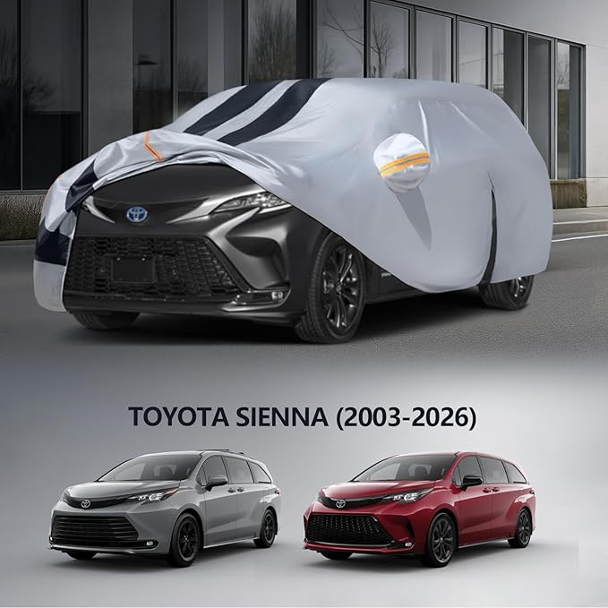 Multi-Layer Car Cover Custom Fit for Toyota Sienna(1997-2026), 100% Waterproof All Weather for Automobiles, Gift with Towel, Heavy Duty Car Covers for Rain Sun UV Protection with Door Zipper