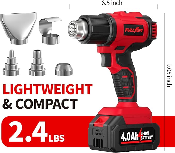 FULLYEA Cordless Heat Gun, Max 550°C (1022°F), Hot Air Gun Kit with 5 Nozzles & 2x4.0Ah Batteries, Fast Heating, 2-Temperature Setting, Portable Heat Gun for Shrink Tubing, PVC Wrap, Crafts (Red)