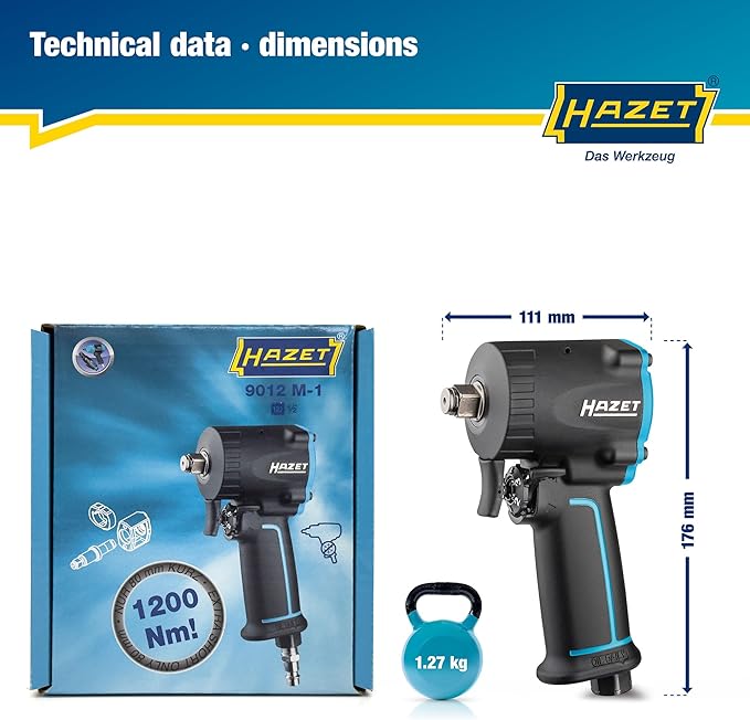 HAZET Pneumatic Impact Wrench 9012M-1 I Extra Short 3.15 Inches, Max. Release Torque: 885ft-Lbs, Square 0.49 Inches (1/2 Inch), Operating Pressure: 90 psi I Compact Design
