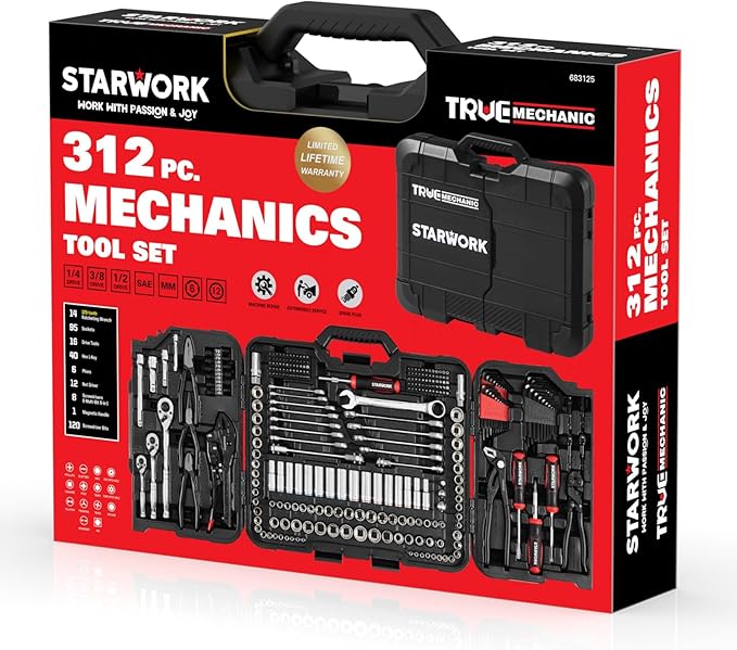 STARWORK TRUE MECHANIC 312-Piece Mechanics Tool Set and Socket Set, Professional, SAE/Metric, Mirror-Finish Sockets & Ratchet Wrenches