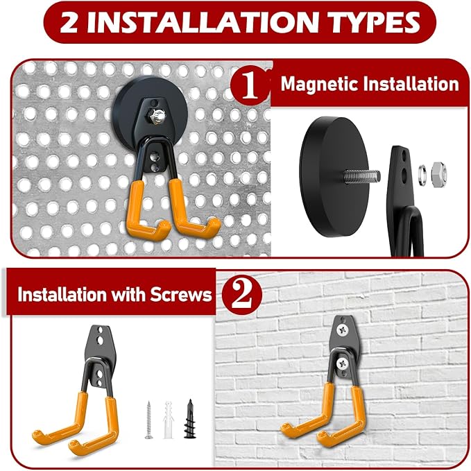 3-H Magnetic Hooks Heavy Duty, Magnet Garage Hooks Heavy Duty and Strong Utility Magnetic Tool Holde for Hanging and organizing Large Power Tool, Ladder, 2.6" Strong Magnetic Orange(4Pack)
