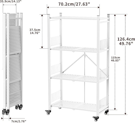 4-Tier Metal Foldable Shelf Shelving Rack Organizer on Rolling Wheels in Kitchen, Pantry, Warehouse, Patio, Basement, Dorm, Garage, RV