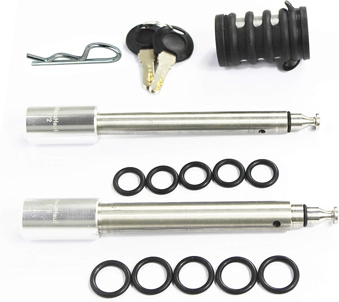 MAXXHAUL 50152 Stainless Steel Hitch Locking Pin Set 5/8" and 1/2" Diameter with Safety Clip and Anti-Rattle O-Rings for Class I, II, III, IV and V Hitch Receivers - with Aluminum Locking Head