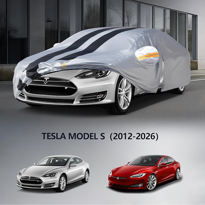 Multi-Layer Car Cover Custom Fit for Tesla Model S(2012-2026), 100% Waterproof All Weather for Automobiles, Gift with Towel, Heavy Duty Car Covers for Rain Sun UV Protection with Door Zipper