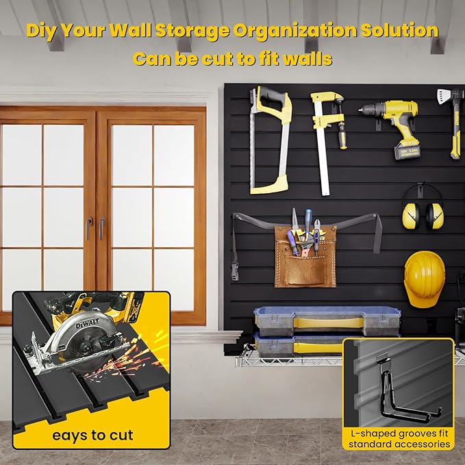 Slat Wall Paneling 4x8 FT, PVC Slat Wall Panels with 16 Hooks Heavy-Duty Garage Organization System, Slatwall Pegboard Suitable for Home、Garage、Shop Wall Display & Organization (Black)