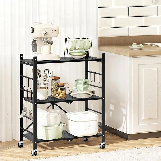 Himix Storage Shelves with 6 Hooks, 3 Tier Foldable Shelf with Wheels, Metal Storage Shelving Unit Rolling Cart, Utility Shelf Rack Organization Shelves for Pantry, Kitchen, Black - No Assembly