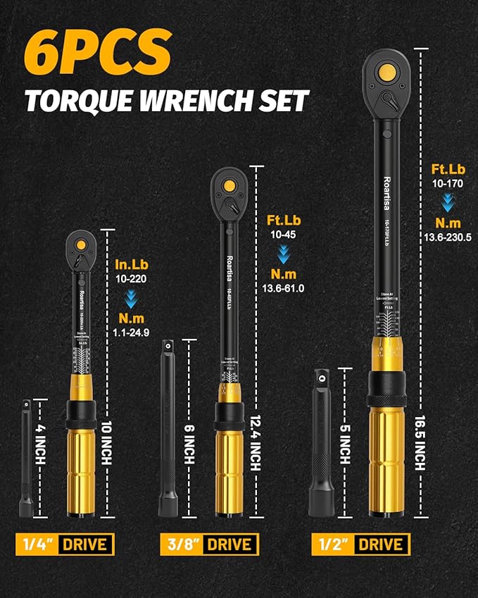6PCS Torque Wrench Set - 1/4 & 3/8 & 1/2-Inch Drive Click Torque Wrenches - ±3% Accuracy Dual-Scales 72 Teeth Dual-Direction Adjustable Torque Wrench for Bicycle, Motorcycle, Car Maintenance