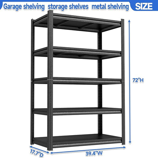 PRESTELION 72" H Storage Shelves 5 Tier Garage Shelving Unit 3000LBS Metal Shelf Adjustable Storage Rack for Basement, Warehouse, Pantry, Closet, Kitchen 72" H x 39.4" W x 17.7" D,Black