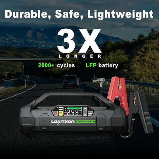 LOKITHOR JA3000 Jump Starter with Air Compressor, 3000Amp 12V Lithium Iron Phosphate (LiFePO4) Car Starter Battery for Up to 9.0L Gas or 7.0L Diesel, 150 PSI Tire Inflator with Digital Screen