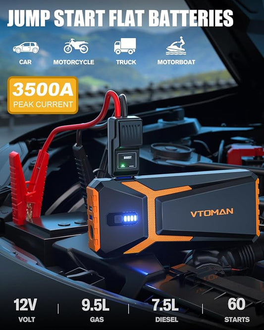 VTOMAN V10 3500A Jump Starter, Portable Car Starter (9.5L Gas,7.5L Diesel Engine) 12V Lithium Jump Box, Auto Battery Booster Power Pack, Car Battery Charger Jumper Starter with Type C Quick Charge