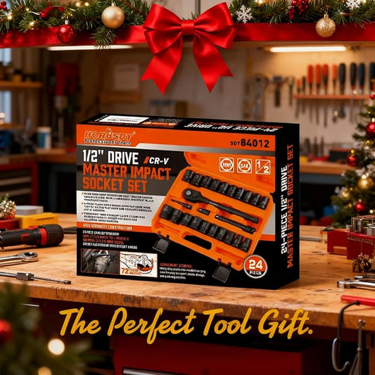 HORUSDY 1/2" Drive Shallow Impact Socket Set, 24-Piece SAE (7/16"-1") and Metric (13-24mm), 6 Point, Cr-V, Includes 1/2-Inch Drive Ratchet Handle, Drive Extension Bar