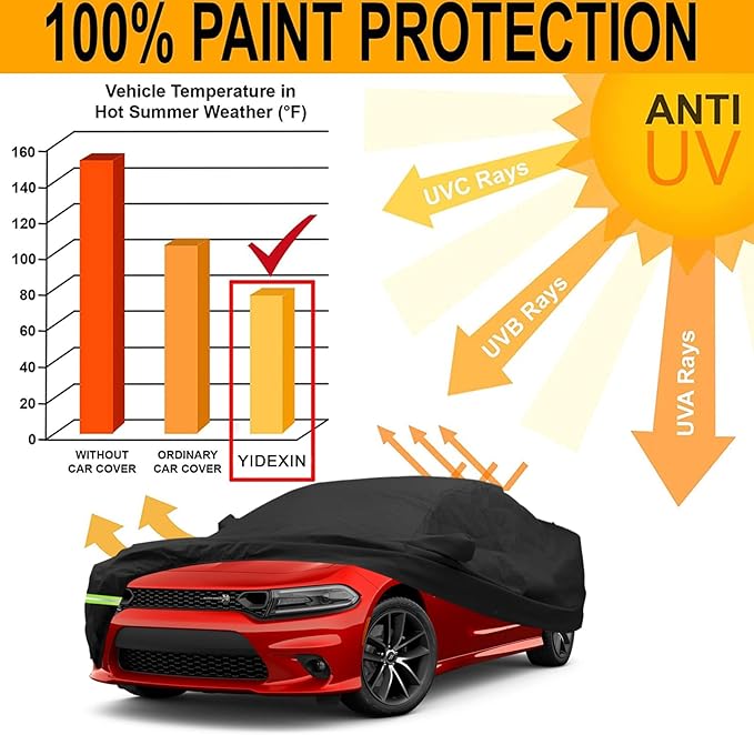 YIXIN Waterproof Car Cover for 2006-2026 Dodge Charger SE SXT R/T Daytona SRT Hellcat Car Cover 190T Covers Custom Fit 100% Waterproof Windproof Strap & Double Door Zipper Up to 205” L (Black)