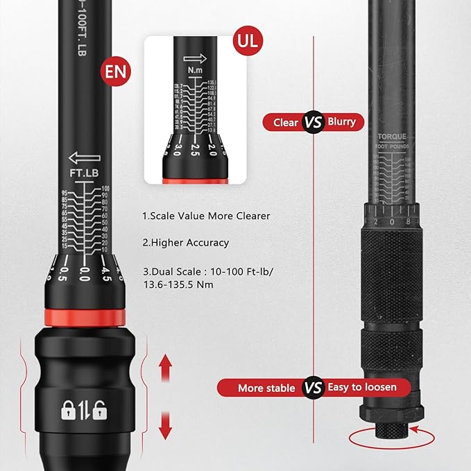 VANPO Torque Wrench 3/8-Inch Drive 10-100 Ft-Lb/13.6-135.5Nm Click Type for Motorcycle, Car & Small Machinery Maintenance - TPR+ABS Handle, ±3% Precision, 72-Tooth Ratchet,with Portable Case