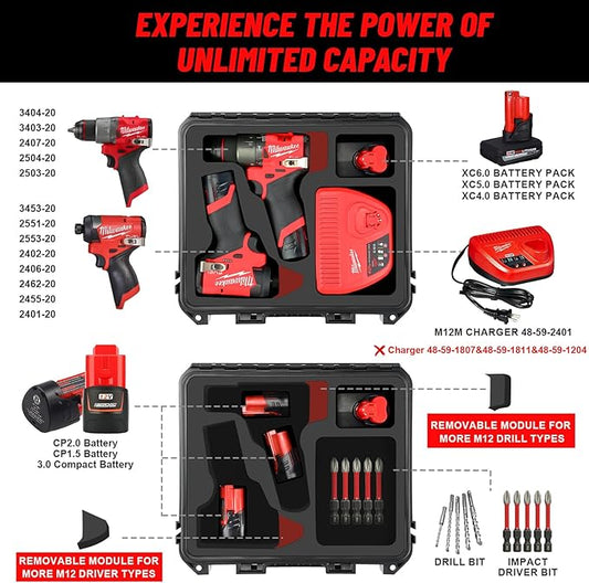 Case for Milwaukee M12 Impact Driver & Drill Set - Waterproof Tool Box with Removable Modules for Milwaukee Fuel Tools Combo Kit, Tool Bag for Hammer Drill/Impact Driver/Battery/Charger (Case Only)