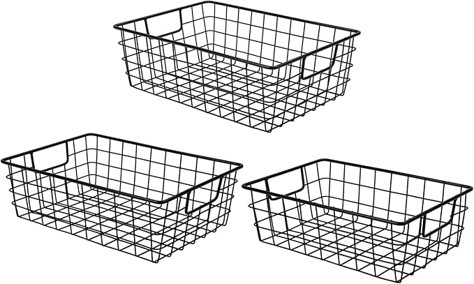 Wetheny 3 Pack Extra Large Wire Basket with Metal Handles, Metal Basket for organizers and storage, Wire Storage Baskets for Pantry, Cabinet, Fridge, Kitchen, Wardrobe, Garage, Bathroom, Black