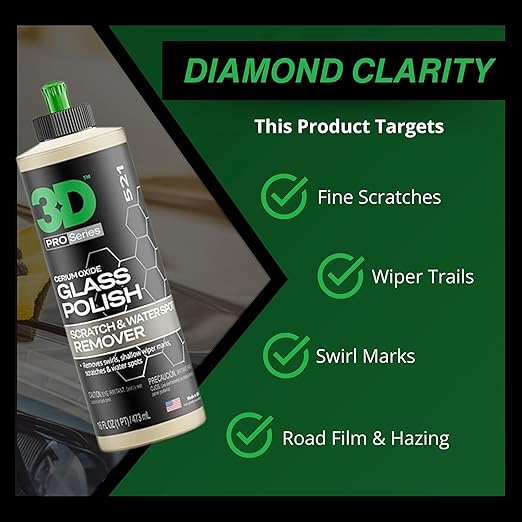 3D Glass Polish – Cerium Oxide Glass Scratch Remover for Car Windows – Restores Clarity & Removes Wiper Marks, Swirls, Water Spots - 16oz