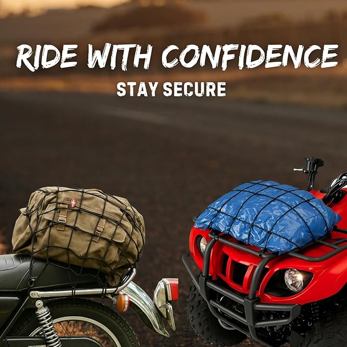2 Pack Small Cargo Net for Motorcycle, Bike, ATV, UTV, 15"x15" Elastic Bungee Mesh Net with Hooks, Secure Gears, Helmet, Luggage, Stretch up to 30"x30"