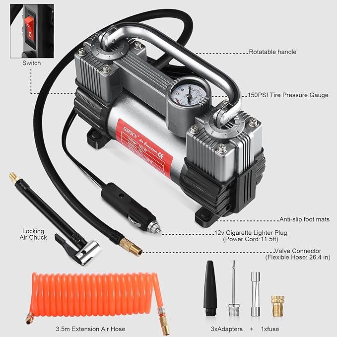 GSPSCN 6X Faster Inflation Tire Inflator Heavy Duty Double Cylinders with Portable Bag- Car Accessories,Metal 12V Air Compressor Pump 150PSI with Adapter for Car, Truck, SUV Tires, Dinghy, Air Bed