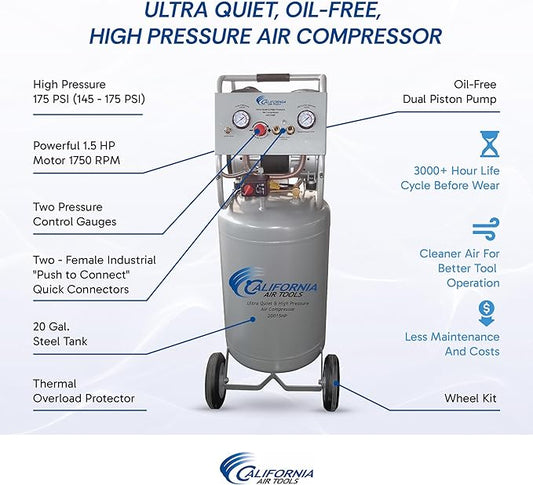 California Air Tools 20015HP 1.5 HP Ultra Quiet, Oil-Free, 175 PSI High Pressure Air Compressor with Wheels, 20 Gallon Tank Capacity, 70 dB Noise Level, Electric, Portable