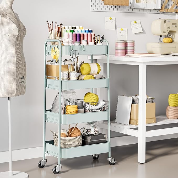 TOOLF 4-Tier Rolling Cart - Metal Storage Organizer with Lockable Wheels, 44 lbs Per Shelf Capacity, Tool-Free Assembly, for Kitchen Bathroom Office Laundry Room Nursery, Green