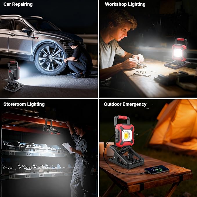 JumJam LED Work Light, Magnetic Job Site Lighting Battery Powered, Rechargeable Work Flood Lights for Workshop, Car Repair, DIY Crafts and Garage