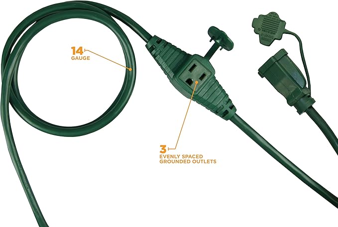 Southwire Outdoor Extension Cord - Durable Medium-Duty Yard & Patio Cable - SJTW Extension - 14 Gauge - 3 Conductor - 3 Outlet - Green - 25 Foot