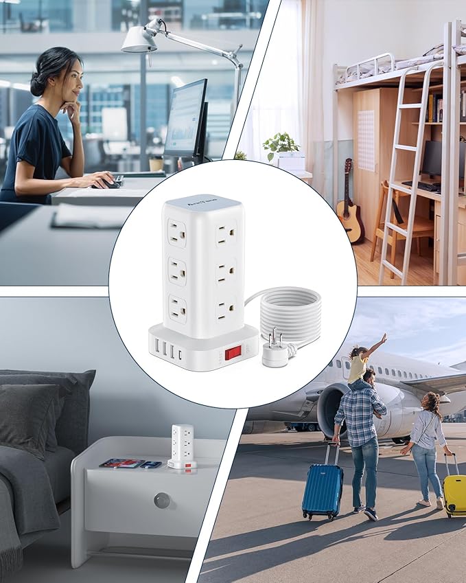AnnTane Surge Protector Power Strip 10 FT Cord, Power Strip Tower with 4 USB Ports (1USB C), Extension Cord with 12 AC Multiple Outlets, Home Office Supplies Desk Accessories, Dorm Room Essentials