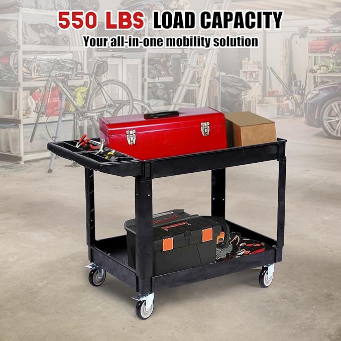 2 Tier Metal Utility Cart,330 Lbs Metal Heavy Duty Utility Cart On Wheels,2 Shelf Steel Rolling Tool Cart, Tool Storage Organizer for Mechanic, Garage, Workshop, Warehouse (Black, 46x25x33.5)