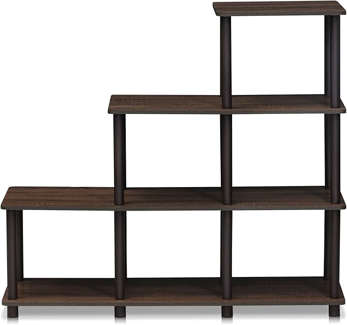 Furinno TURN-N-TUBE Storage Shelves, 4-Tier Ladder Book Shelf, Corner Shelf, Toolless Open Shelves, for Organization and Storage, Living Room, Garage, Home Office, Walnut