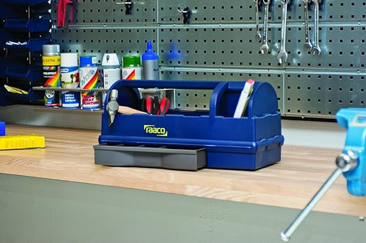 Raaco Open Portable Tool Box Organizer with Handle, Plastic Polypropylene Toolbox with 3 Compartments & Built-in Drawer, Hand-Held Storage Carrier, 55 lb Load Capacity